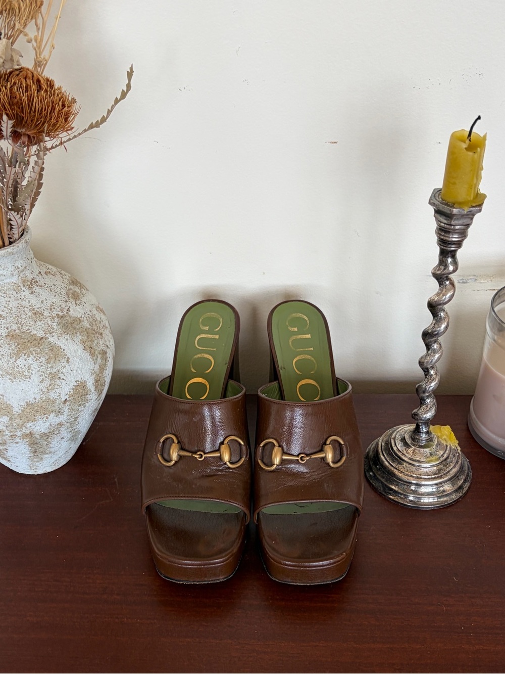 Gucci Brown Leather Horsebit Platform Mules with Green Insole